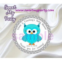 Turquoise Owl Baby Shower stickers,Turquoise Owl Baby Shower thank you tags,(001)